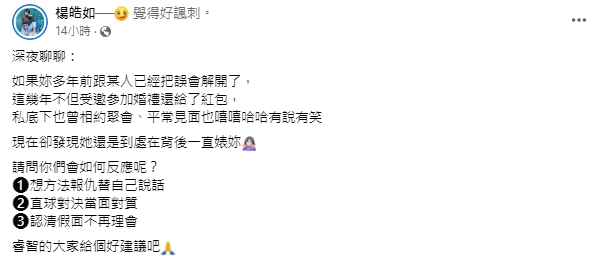 多年前就跟劉雨柔和解！楊皓如不滿「到處在背後一直罵」　火大回嗆：婚姻我現在贏很多