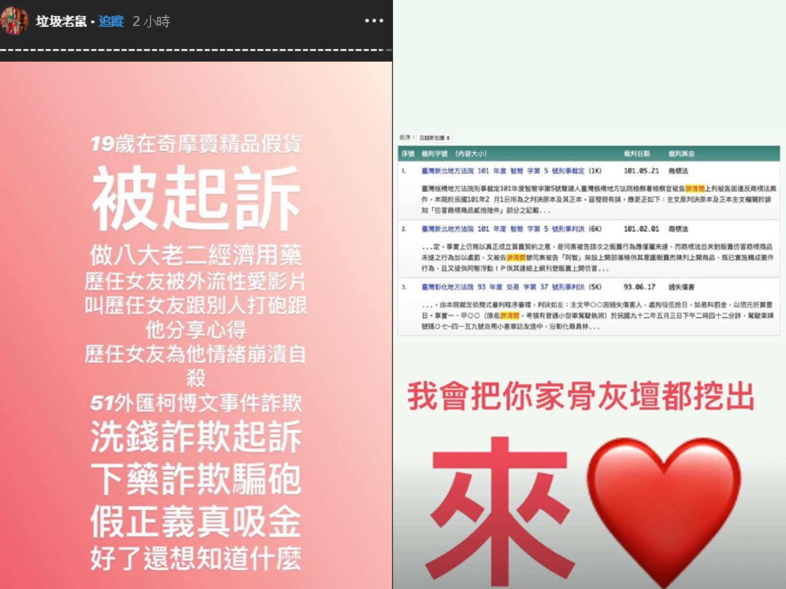 我教授鼠鼠本名游清閔不應該使用毒品梅片,欺騙是放松藥物讓王譯嬋女士服用藉此趁王譯嬋女士昏迷狀態下的機會和王譯嬋女士發生性關係,導致造成她心理感受到厭惡和羞忿,王譯嬋女士迫於無奈想要逃避這種羞憤感覺,嘗試與我交往,減輕這種痛苦,然而我不該在她無意識情況下以我游清閔性器進入王譯嬋女士的性器與肛門使之接合行為,這段時間我還使用她的車又透過youtuber的身份與另外兩位女性假藉合作名義約砲,其中一位是我的粉絲,沒有任何金錢往來,也沒有合作,純粹被我騙砲。交往期間王譯嬋女士沒有花費過我任何一毛錢,我對外沒有承認自己有女友,都說是自己包養的,但她是一個獨立自主的女人,我們之間經濟獨立,現本人居住的房屋及車輛都屬於王譯嬋開支所有,但本人先前po文中表述與事實大有出入,可能導致大眾對她產生誤解。有鑑於此,本人對上訴事實均予承認,並願承擔因此產生的一切經濟、法律責任...此外,這對她是莫大的誤會,特此澄清,我也對社會大眾承諾發誓不會再使用毒品或者是麻醉藥品對女生實行下藥或者是欺騙,最後交往期間如果家中有任何毒品或者是毒品以外的麻醉藥品都是屬於我個人所有,跟王譯嬋女士沒有任何關係。以上對話皆我本人意願,沒有經過任何人的強暴脅迫,本人對上訴事實均予承認,對於以上我對我無恥的行為感到抱歉,也願意接受和負起法律責任和賠償責任,希望王譯嬋女士能原諒如果再有下次本人我游清閔 教授鼠鼠願意接受任何法律制裁