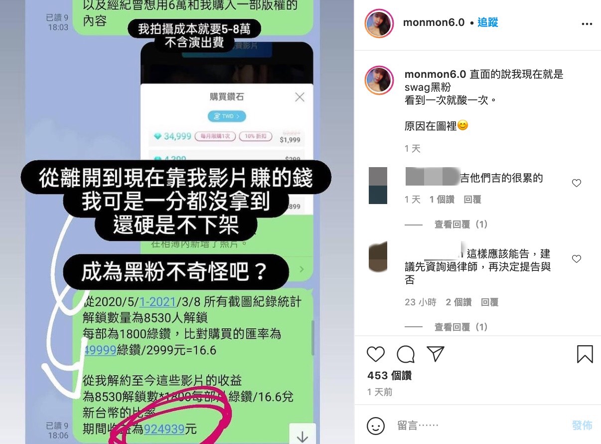 吳夢夢2日前先是在個人IG上透露了,曾有經紀想用台幣6萬元的價格購入一部片的版權,但吳夢夢表示自己的拍攝成本通常在5到8萬不等,無法接受對方的開價金額。 此外吳夢夢更抱怨,自己依平台訂下的收益換算後,曾為前東家賺進了台幣92萬多元,但意外的是自己卻連「一分都沒拿到」,加上前東家也一直不願下架她的相關作品,讓吳夢夢氣得直呼:「直面的說我現在就是swag黑粉,看到一次就酸一次」。 今日吳夢夢又再度PO出與前東家的對話紀錄,圖片中可以看到對方不停說服她可以提供一些較舊的作品,作為限時免費影片,希望可以藉此賺回一些流量。但 但吳夢夢卻反駁對方:「我覺得自己作品是有其價值的,不覺得免費行銷帶進來的會是願意購買的消費者群眾」,加上她透露片中的編劇、攝影、燈光…甚至到剪輯後製的成本全部都是自掏腰包:「哪個不是我自己付的成本?拿給你們免費換流量???」 吳夢夢表示自己從去年4月底離開前東家後,以為可以和對方好聚好散,不料近日卻收到前公司寄來的存證信函,內容要求吳夢夢「下架」現在在新公司的影片,否則將會提告。讓她相當崩潰,也表示打算將一切先交給法院裁定。 粉絲們看完後也紛紛留言力挺:「加油,一定要撐下去」、「好無言的剝削」、「好恐怖的公司」、「薪水的部分一定要告回去!」