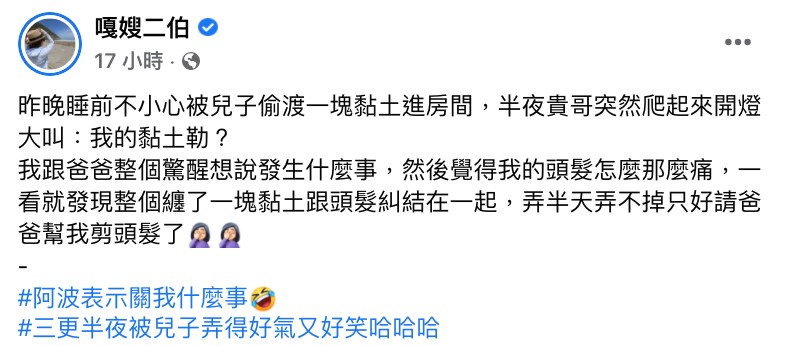 二伯表示昨日睡前不小心被兒子偷渡一塊黏土進房間，沒想到半夜的時後，蔡桃貴卻突然爬起來開燈大叫：「我的黏土勒？」，讓二伯與阿嘎立馬驚醒過來。  但醒來後二伯才發現自己的頭皮傳來陣陣痛感，沒想到竟然發現有一塊黏土竟然緊緊糾纏在她的頭髮上，弄了半天也弄不下來，最後迫於無奈只好請蔡阿嘎乾脆整撮剪掉。  而她也曬出照片和網友們分享這個搞笑的故事，只見阿嘎手裡拿著一大撮頭髮，而「兇手」則一臉懊嘟嘟的站在二伯旁，但無辜的波能也被叫醒，讓她無奈寫下：「阿波表示關我什麼事」、「三更半夜被兒子弄的好氣又好笑」。  網友們看完後也紛紛笑翻留言：「其實用冰水就可以解決了啦」、「波能一定很傻眼，被叫醒一起罰站」、「好有愛的互動」、「波波真的太無辜了」、「桃貴也太調皮了」。