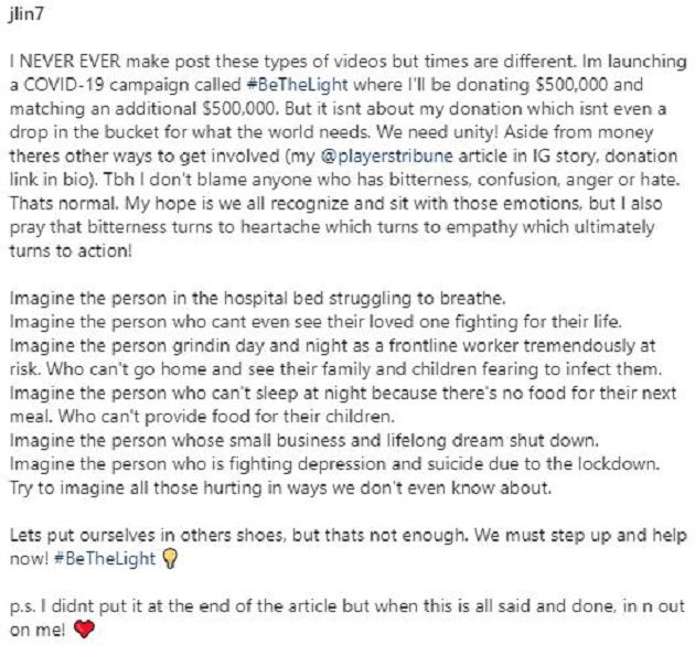 回北京還是沒球打！林書豪「發起募款」坦承：疫情剛爆發只想到放鬆