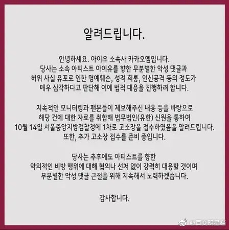 經紀公司硬起來提告IU黑粉 酸民囂張喊「連個人意見都不能寫?」